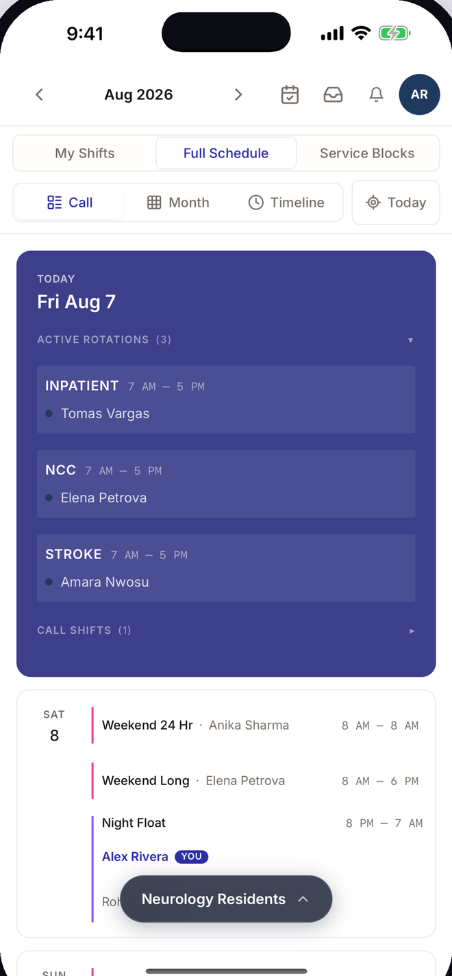 The app showing the whole team for a day: three active rotations with the resident on each, then the weekend call list.