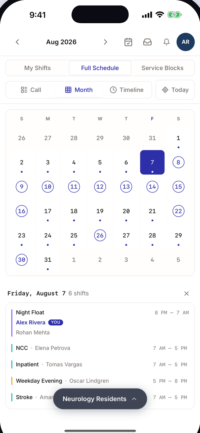 The month view with a dot on every day that has coverage.