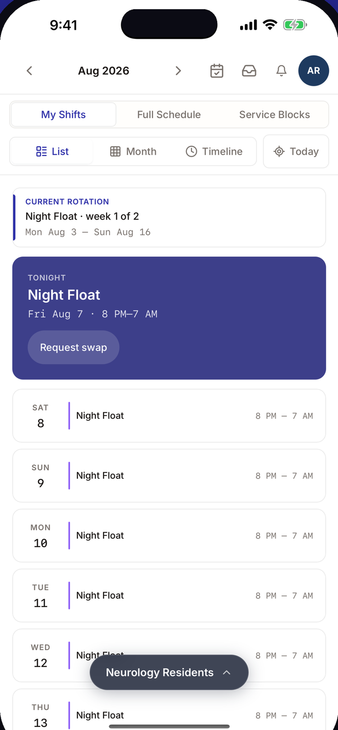 A resident's own shifts for the month, with tonight's night float at the top.