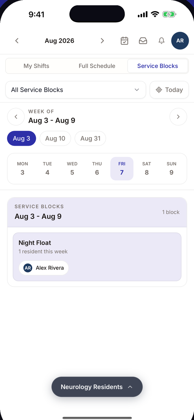 The service blocks view, showing which rotation each person is on across a block.