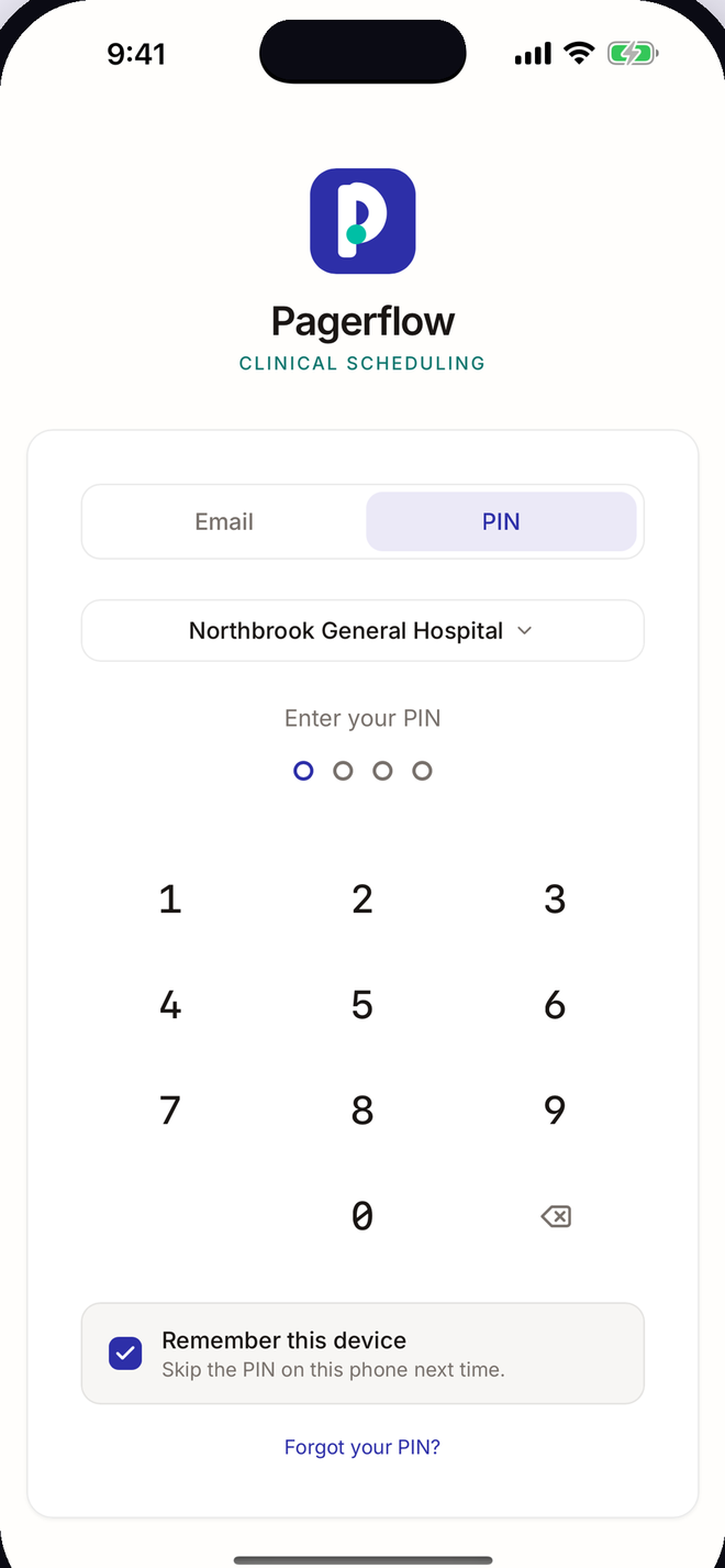The sign-in screen with a numeric PIN pad and the hospital name.