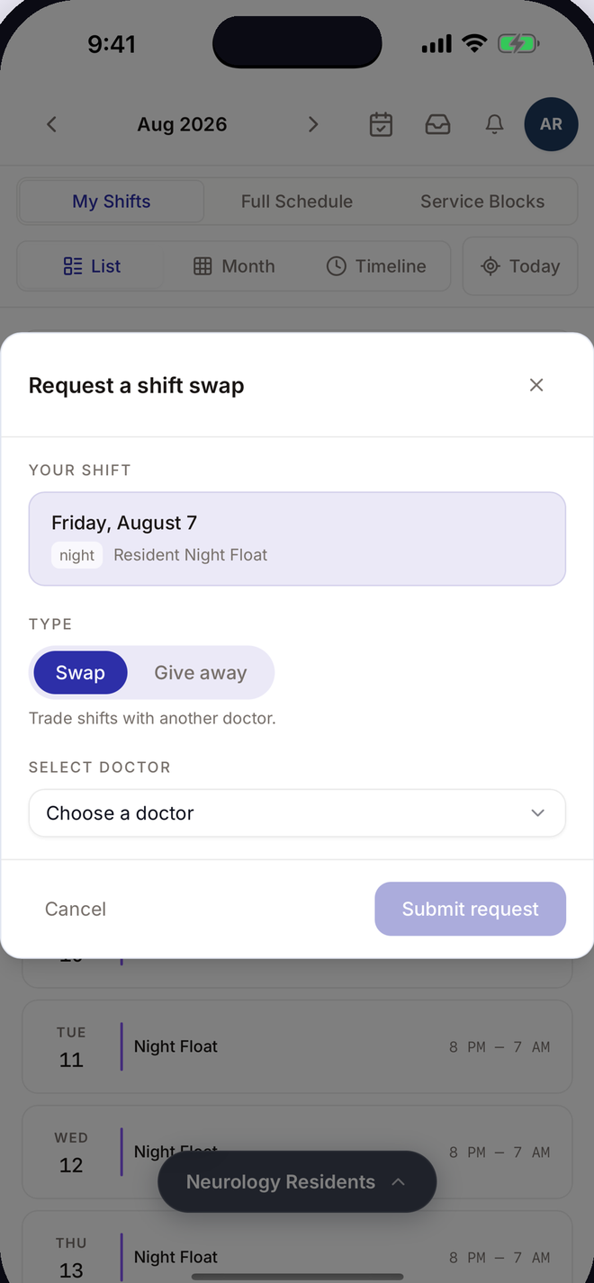 The request a shift swap sheet, with the shift being traded and a doctor to pick.