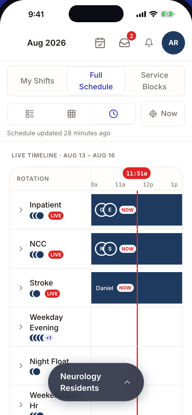 A live timeline with a red line at the current time and LIVE tags on the rotations running now.